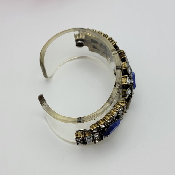 J.Crew Blue Crystal Clear Acrylic Cuff Bracelet Open Statement Art Deco 5.5" - Picture 4 of 5